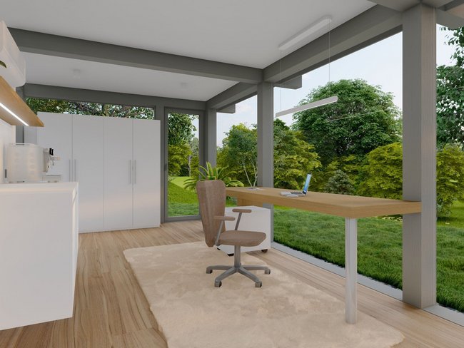 Helles Arbeitszimmer mit modernen Möbeln und Fensteransicht auf den Garten