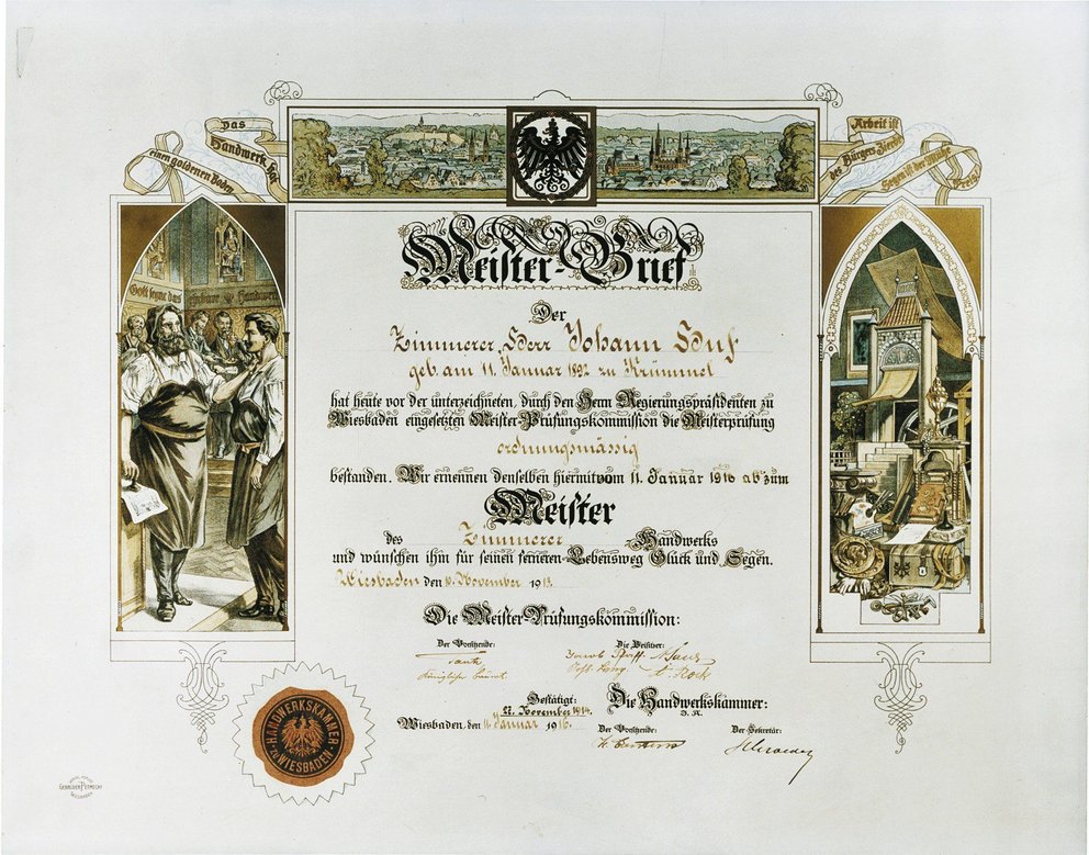 Weißer Brief für Johann Heyl, 1909 Zertifikat mit historischen Darstellungen und Wappen.
