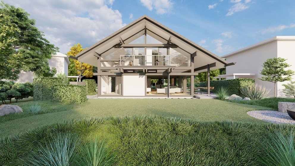 Ansicht eines modernen Hauses mit gepflegtem Garten und Himmel