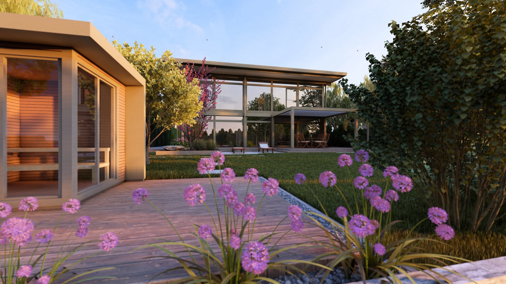 Moderne Architektur eines Traumhauses mit Garten Visualisierung eines Architektenhauses umgeben von Blumen und Bäumen