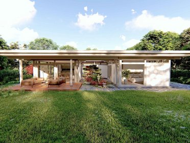 Futuristisches Atriumhaus mit Holzverkleidung und Gartenlandschaft