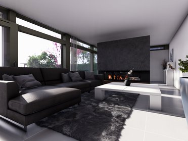 Modernes Architektenhaus Wohnzimmer mit Kamin Helles Wohnzimmer mit großer Fensterfront, Sofa und Kamin