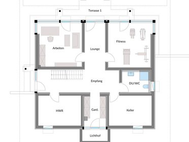 Grundriss eines modernen HUF Hauses mit Eingängen und Raumfunktionen