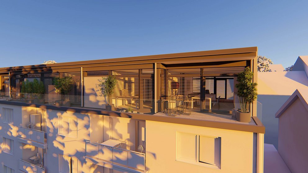 Moderne Architektur mit Dachterrasse und Pflanzen Sicht auf ein Gebäude mit stilvoller Dachterrasse und wunderschöner Landschaft