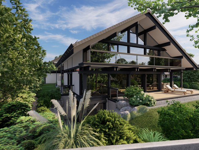 Moderne Architektur mit Gartenlandschaft und Holzverkleidung