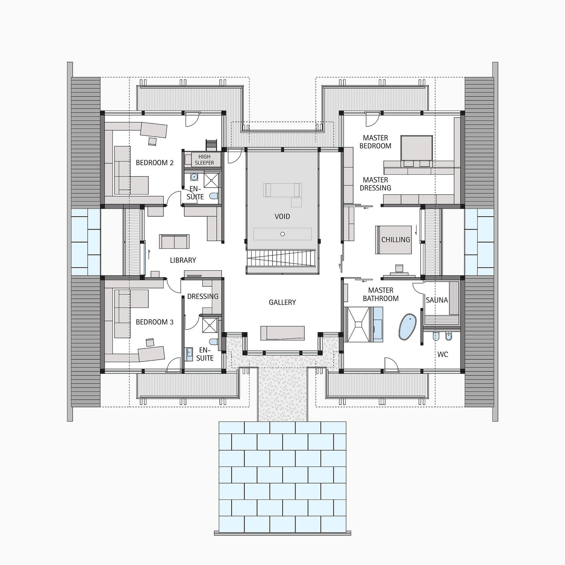 Detailierter Plan mit Schlafzimmern, Wohnzimmer und Sauna