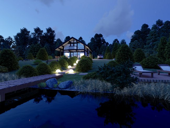 Ferienhaus umgeben von Natur mit beleuchtetem Garten und Teich