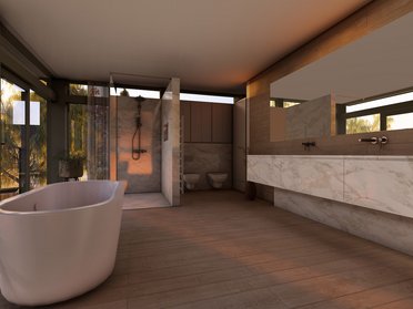 Moderne Badezimmervisualisierung im Architektenhaus Elegantes Badezimmer mit freistehender Badewanne und großzügiger Dusche