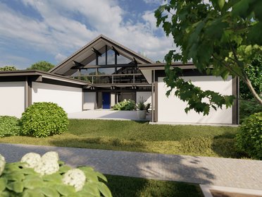 Ansicht eines Zweifamilienhauses mit moderner Architektur und Garten
