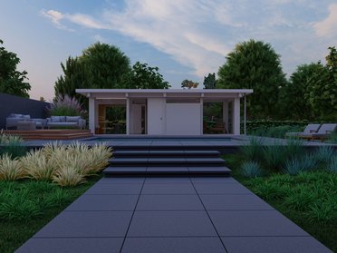 Überblick auf eine moderne Villa umgeben von Grünflächen und Terrassen