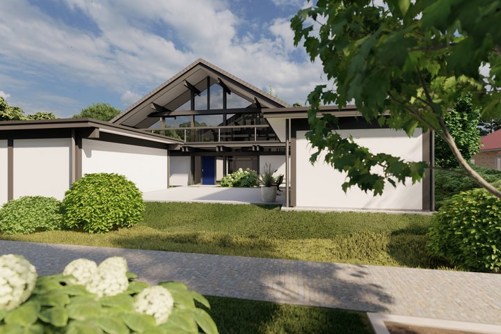 Visualisierung eines modernen Zweifamilienhauses mit Garten und Fenstern