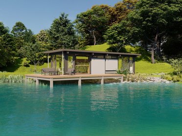 Moderne Hütte am Wasser mit Gartenlandschaft Stilvolle Hütte auf einem Steg in ruhiger, grüner Umgebung
