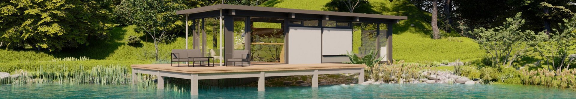 Moderne Hütte am Wasser mit Gartenlandschaft Stilvolle Hütte auf einem Steg in ruhiger, grüner Umgebung