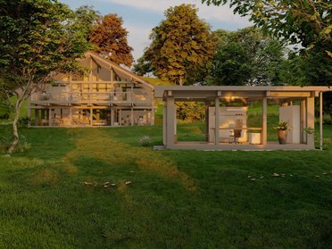 Haus mit modernen Designelementen und umgebender grüner Landschaft