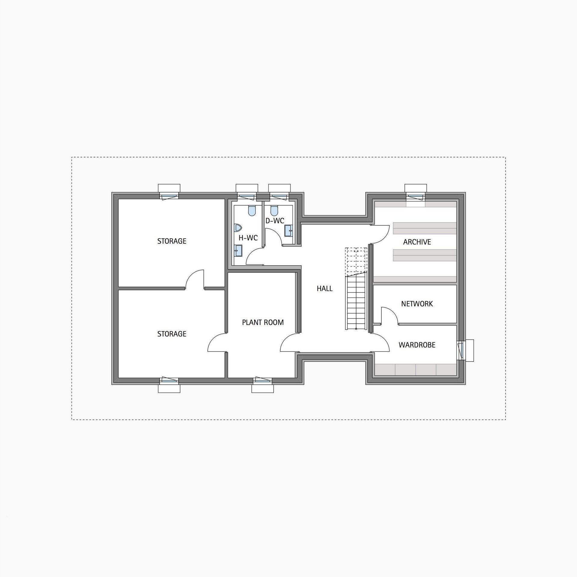 Floor Plan of Storage and Utility Rooms Detailed layout showing storage, plant room, archive, and network areas