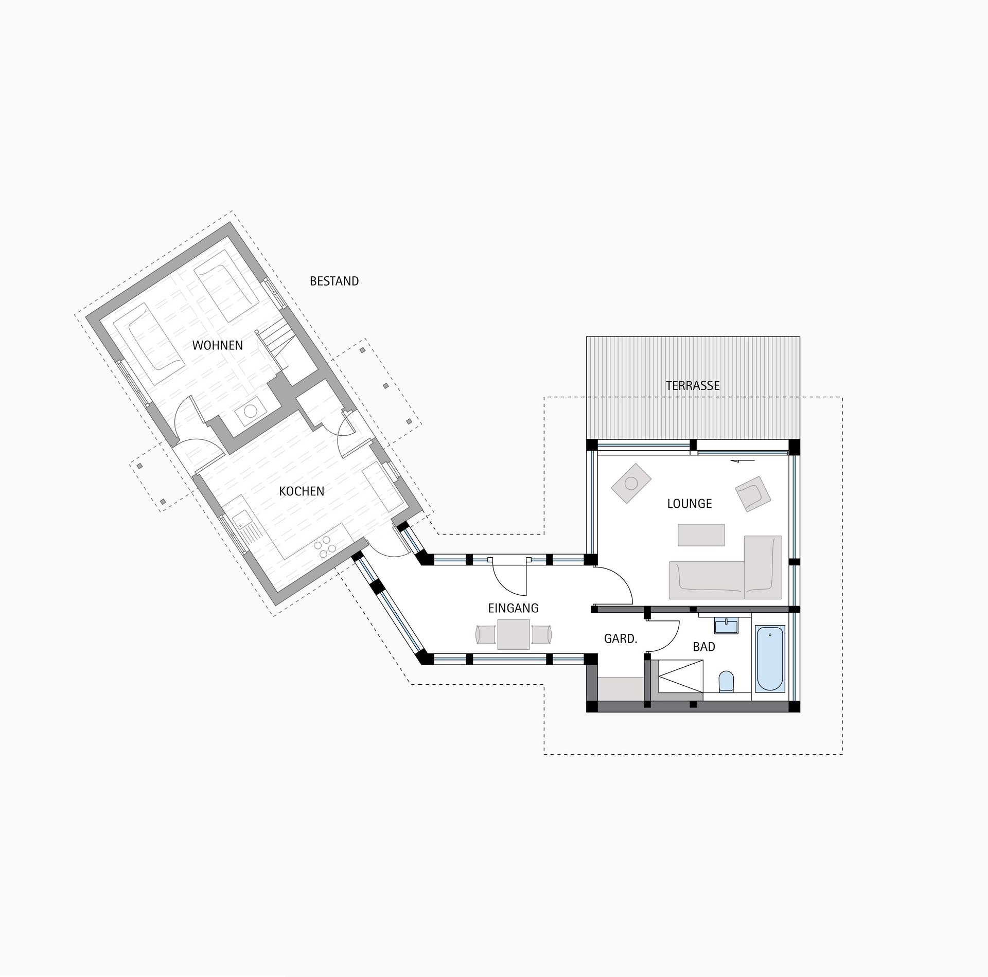 Grundriss des Anbaus an einen Bungalow mit Lounge und Terrasse