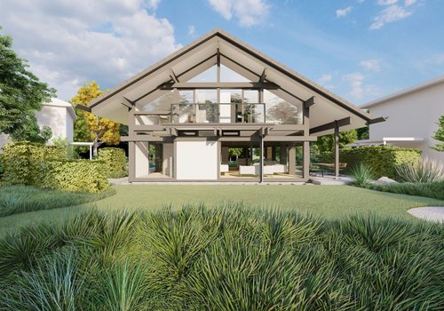 Futuristisches Haus mit offener Struktur und grünem Garten