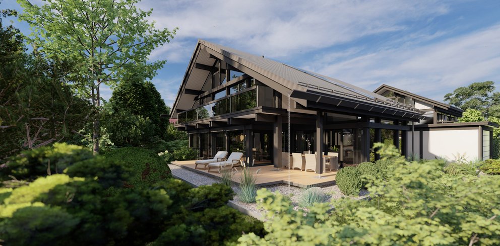 Moderne Architektur eines Zweifamilienhauses mit Gartenlandschaft
