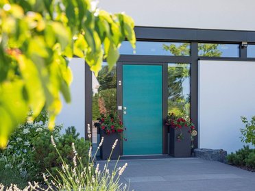 Moderne Architektur: Eingangsbereich mit blauer Tür Stilvolle Eingangstür in moderner Architektur mit Pflanzen.