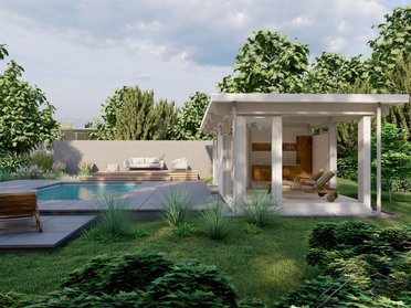 Entspannende Außenansicht mit Pool und modernem Pavillon im Garten