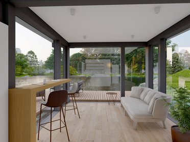 Moderne Innenarchitektur mit viel Tageslicht Geräumiger Wohnbereich mit Blick auf die Natur und zeitgemäßer Einrichtung