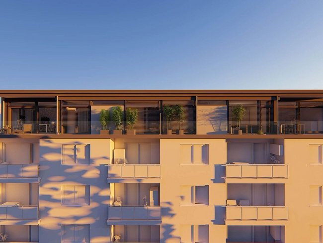 Moderne Architektur mit Holzverkleidung und Dachterrasse